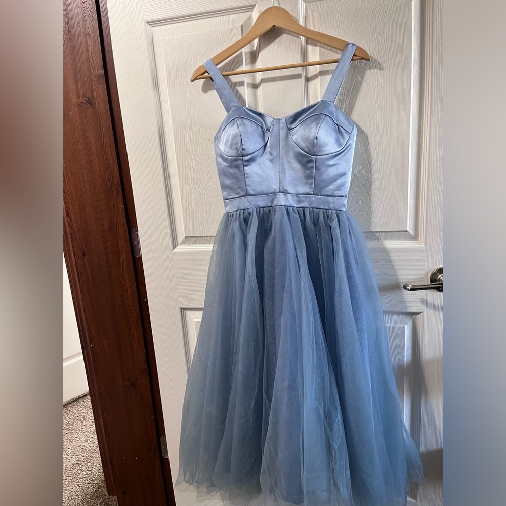 Midi tulle dusty blue cocktail/formal dress with lace up back